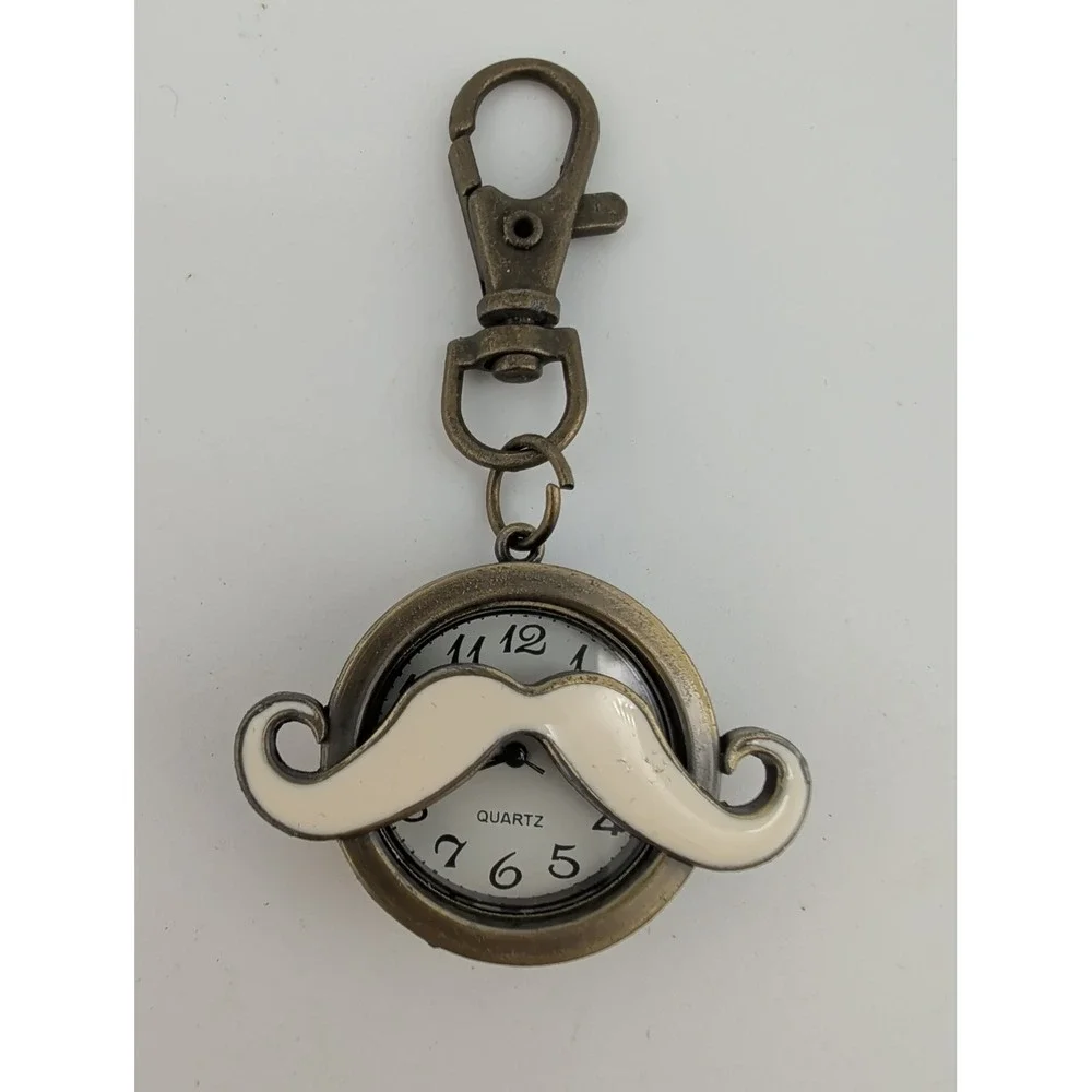 Mustache Clip Key Ring Watch Bronze Tone w/ Gift Box- New Battery